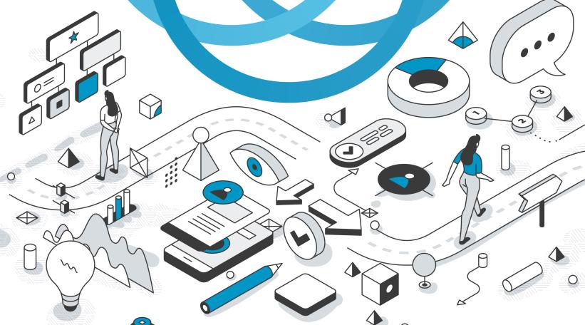 Illustration of two women walking along a street lined with various symbols of work, learning and innovation