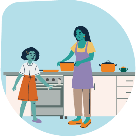 Illustration of a woman during housework and childcare.