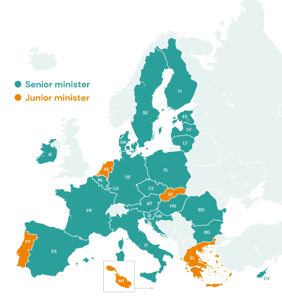 Colour-coded map of Europe showing which countries have senior or junior ministers for gender equality