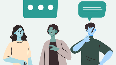 Illustration of three people of different genders and ethnicities with speech bubbles above their heads