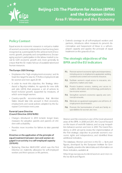Beijing+20: The Platform for Action (BPfA) and the European Union Area F: Women and the Economy