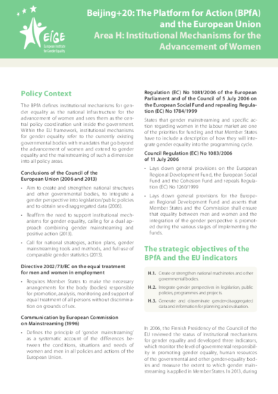 Beijing+20: The Platform for Action (BPfA) and the European Union Area H: Institutional Mechanisms for the Advancement of Women
