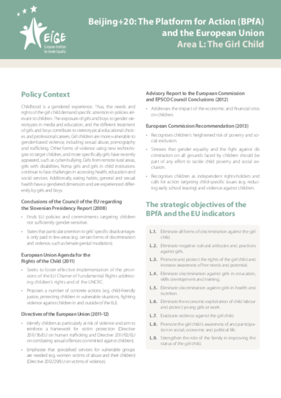 Beijing+20: The Platform for Action (BPfA) and the European Union Area L: The Girl Child