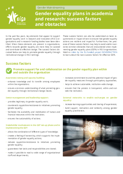 Gender equality plans in academia and research: success factors and obstacles